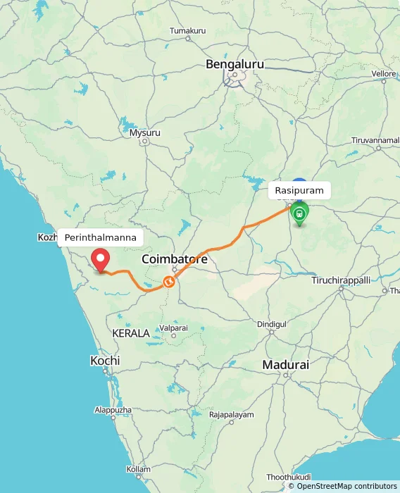Route map showing distance and travel time from Rasipuram, India to Perinthalmanna, India