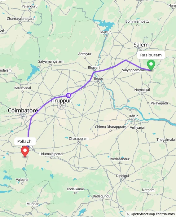 Route map showing distance and travel time from Rasipuram, India to Pollachi, India