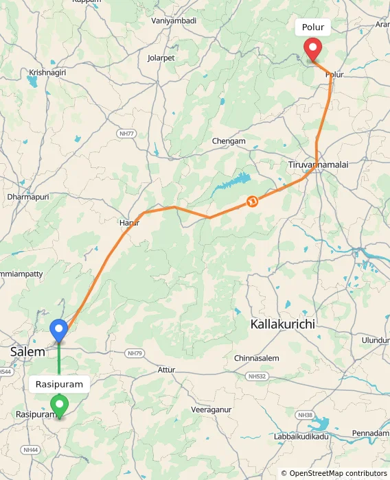 Route map showing distance and travel time from Rasipuram, India to Polur, India