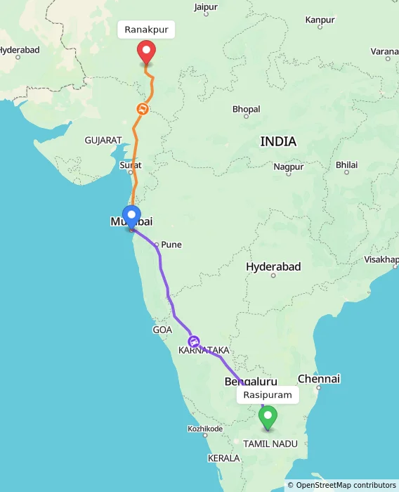 Route map showing distance and travel time from Rasipuram, India to Ranakpur, India