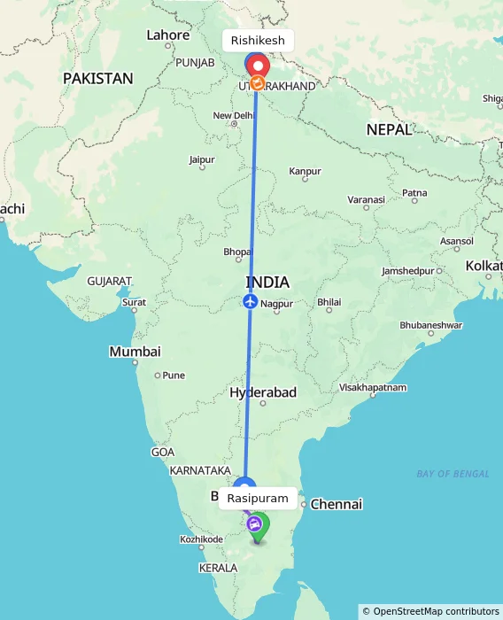 Route map showing distance and travel time from Rasipuram, India to Rishikesh, India