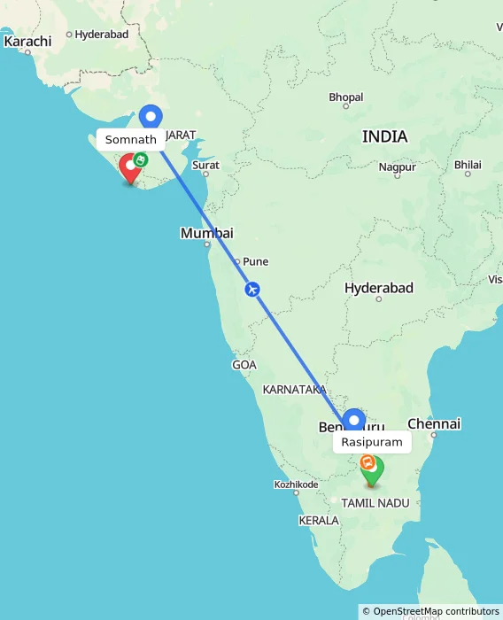 Route map showing distance and travel time from Rasipuram, India to Somnath, India