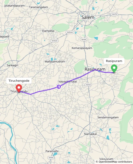 Route map showing distance and travel time from Rasipuram, India to Tiruchengode, India