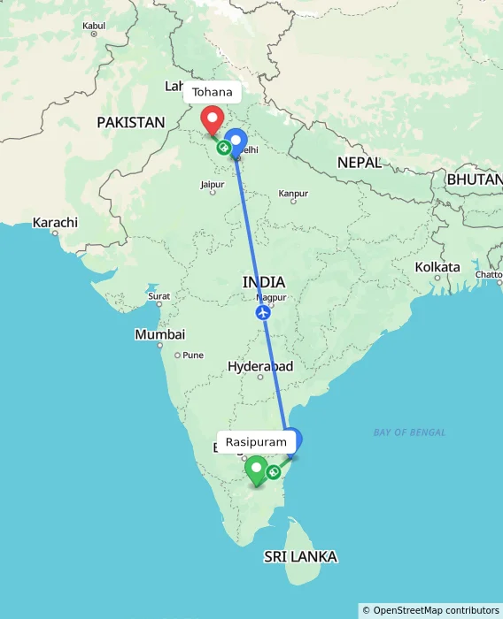 Route map showing distance and travel time from Rasipuram, India to Tohana, India