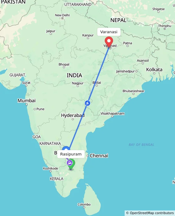 Route map showing distance and travel time from Rasipuram, India to Varanasi, India