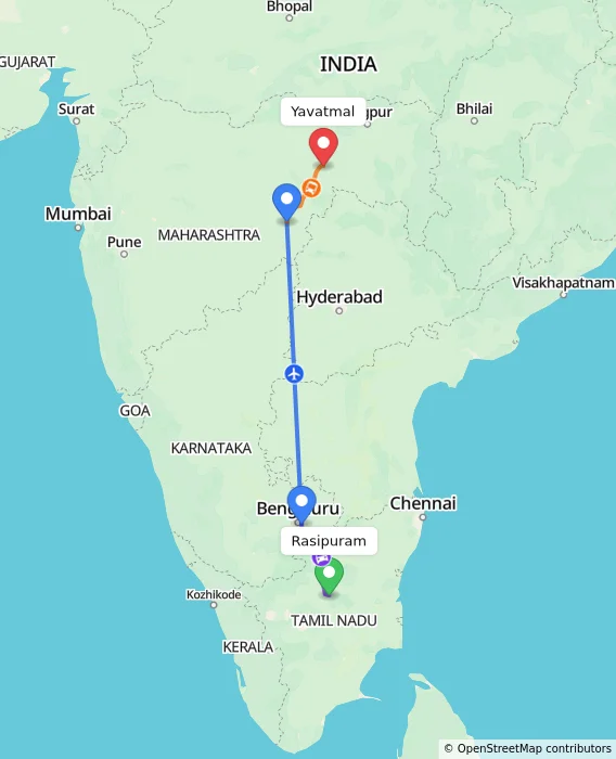 Route map showing distance and travel time from Rasipuram, India to Yavatmal, India