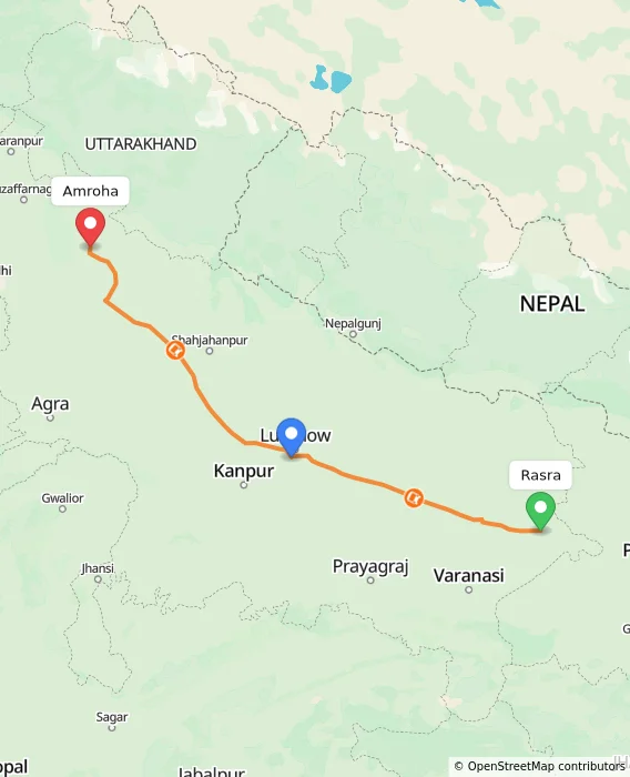 Route map showing distance and travel time from Rasra, India to Amroha, India