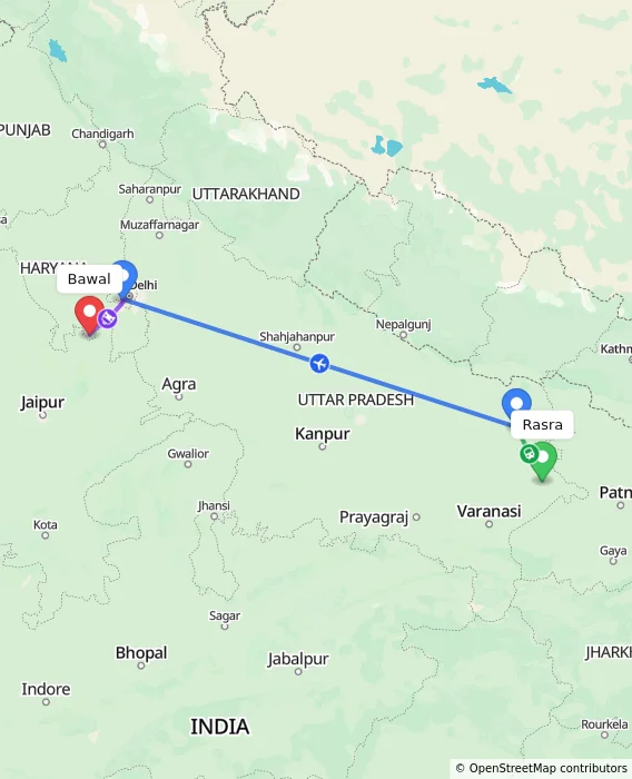 Route map showing distance and travel time from Rasra, India to Bawal, India