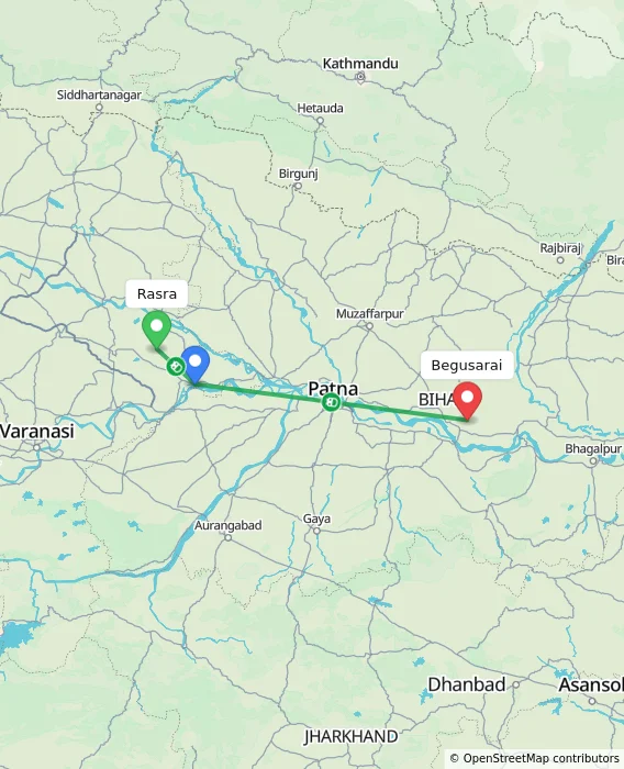 Route map showing distance and travel time from Rasra, India to Begusarai, India