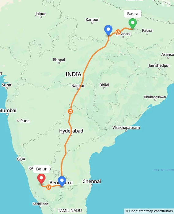Route map showing distance and travel time from Rasra, India to Belur, India