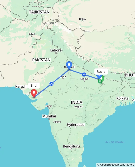 Route map showing distance and travel time from Rasra, India to Bhuj, India