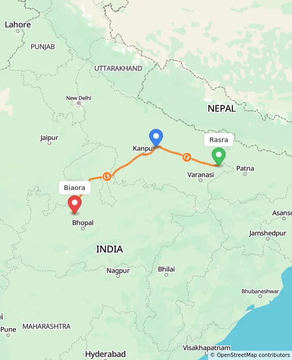 Route map showing distance and travel time from Rasra, India to Biaora, India