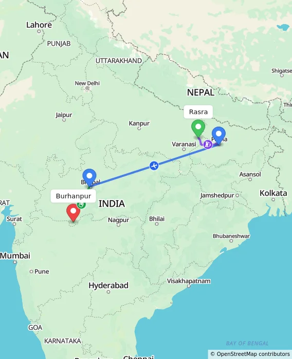 Route map showing distance and travel time from Rasra, India to Burhanpur, India