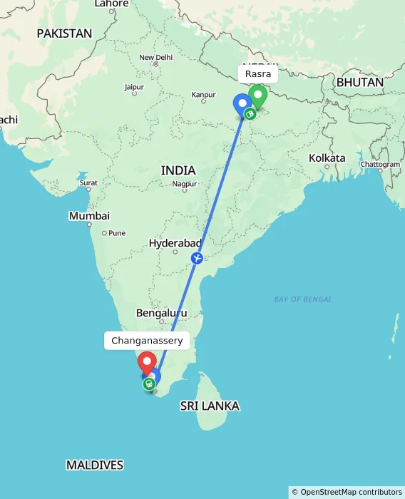 Route map showing distance and travel time from Rasra, India to Changanassery, India