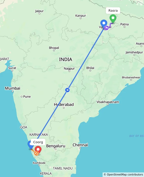 Route map showing distance and travel time from Rasra, India to Coorg, India