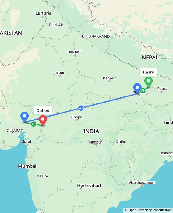 Route map showing distance and travel time from Rasra, India to Dahod, India
