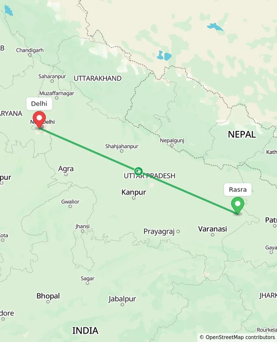 Route map showing distance and travel time from Rasra, India to Delhi, India