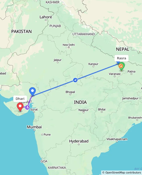 Route map showing distance and travel time from Rasra, India to Dhari, India
