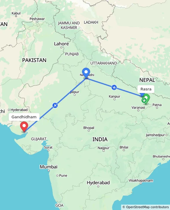 Route map showing distance and travel time from Rasra, India to Gandhidham, India