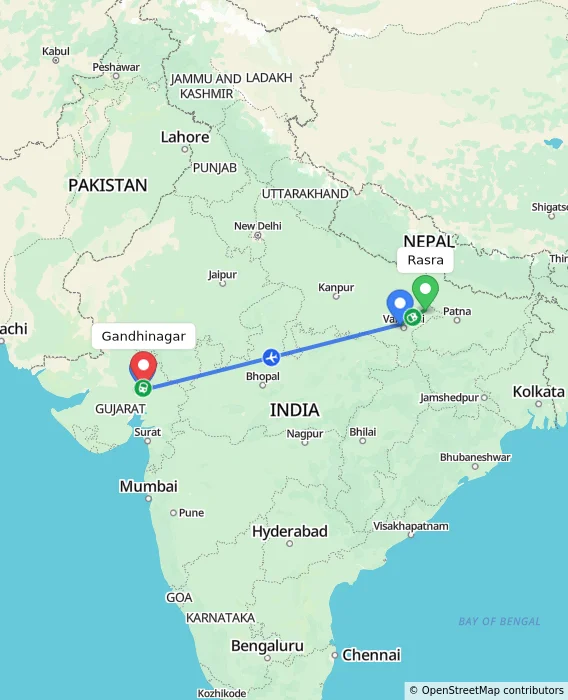 Route map showing distance and travel time from Rasra, India to Gandhinagar, India