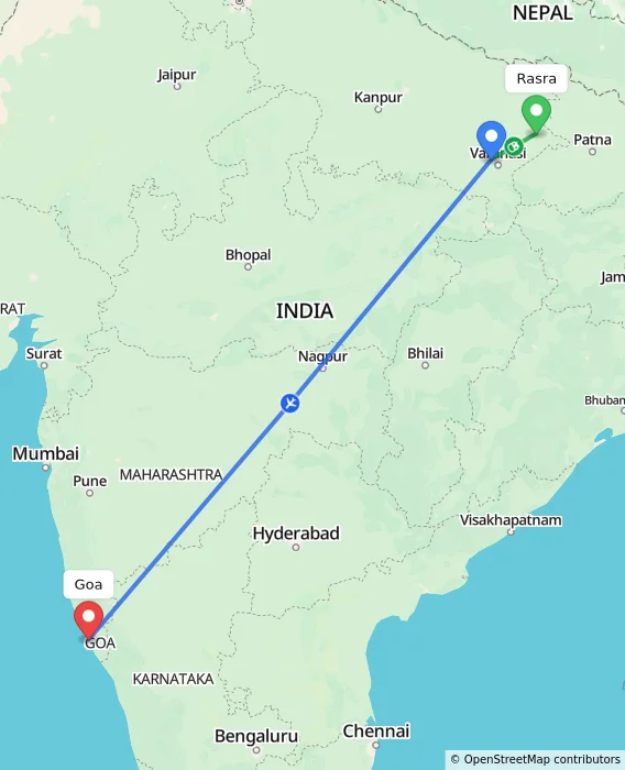 Route map showing distance and travel time from Rasra, India to Goa, India