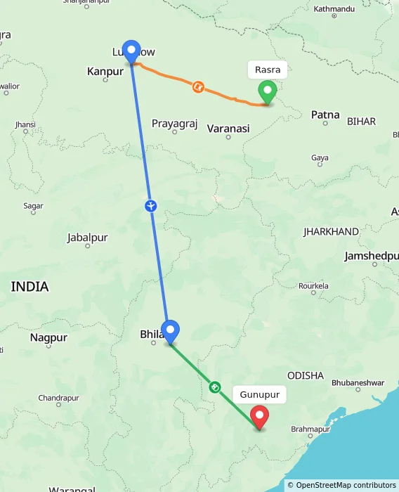 Route map showing distance and travel time from Rasra, India to Gunupur, India