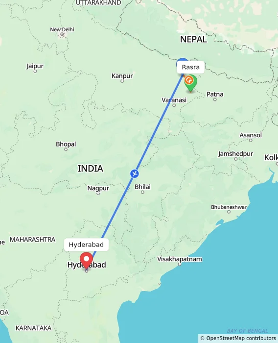 Route map showing distance and travel time from Rasra, India to Hyderabad, India