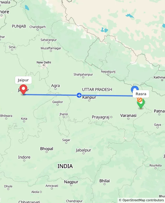 Route map showing distance and travel time from Rasra, India to Jaipur, India