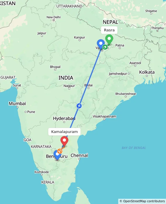 Route map showing distance and travel time from Rasra, India to Kamalapuram, India