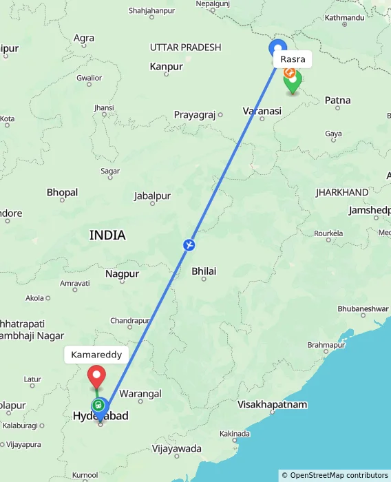 Route map showing distance and travel time from Rasra, India to Kamareddy, India
