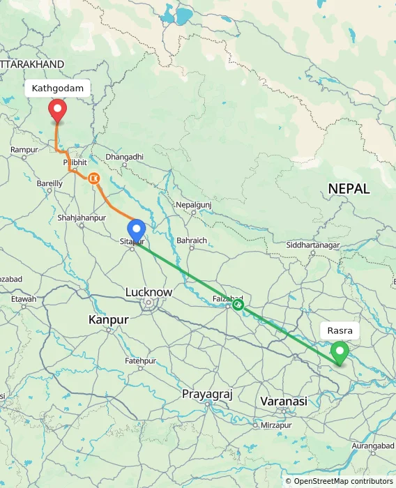 Route map showing distance and travel time from Rasra, India to Kathgodam, India