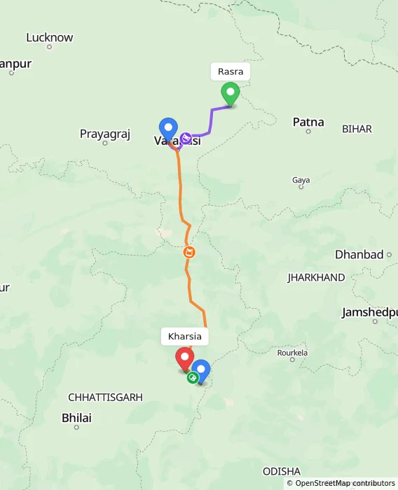 Route map showing distance and travel time from Rasra, India to Kharsia, India