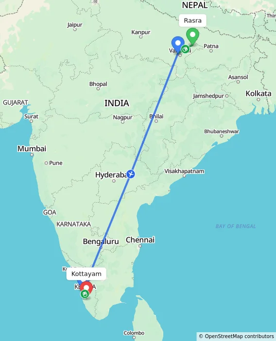 Route map showing distance and travel time from Rasra, India to Kottayam, India