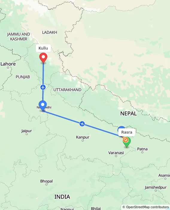 Route map showing distance and travel time from Rasra, India to Kullu, India