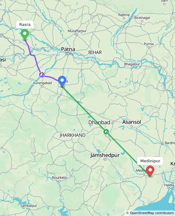 Route map showing distance and travel time from Rasra, India to Medinipur, India