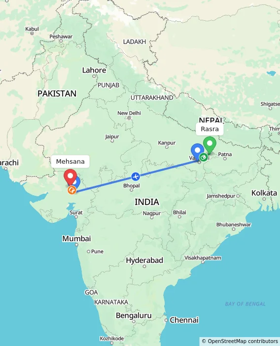 Route map showing distance and travel time from Rasra, India to Mehsana, India