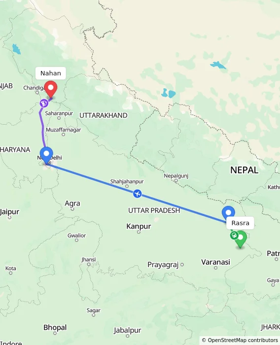 Route map showing distance and travel time from Rasra, India to Nahan, India
