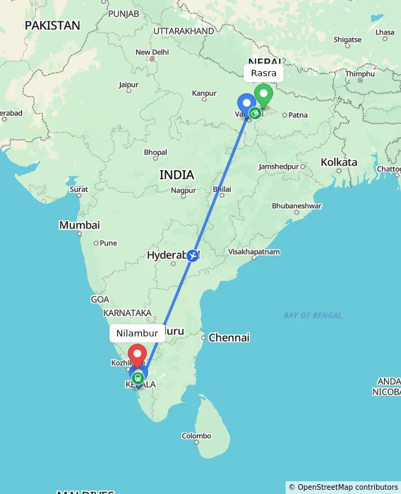Route map showing distance and travel time from Rasra, India to Nilambur, India