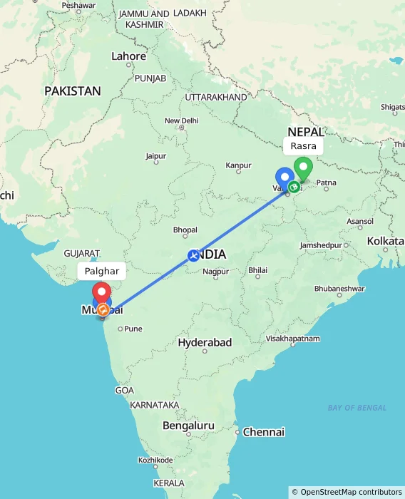 Route map showing distance and travel time from Rasra, India to Palghar, India