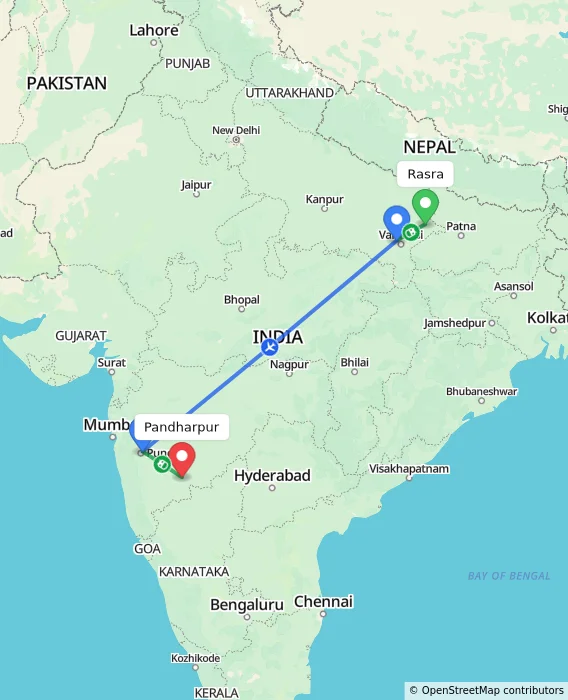 Route map showing distance and travel time from Rasra, India to Pandharpur, India