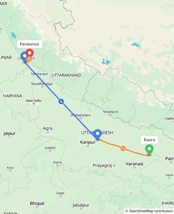 Route map showing distance and travel time from Rasra, India to Parwanoo, India