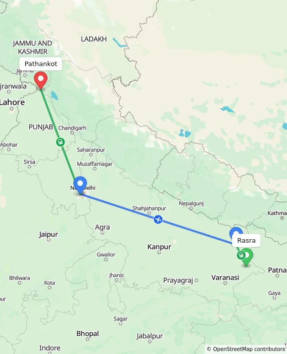 Route map showing distance and travel time from Rasra, India to Pathankot, India