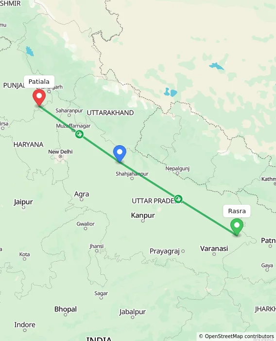 Route map showing distance and travel time from Rasra, India to Patiala, India