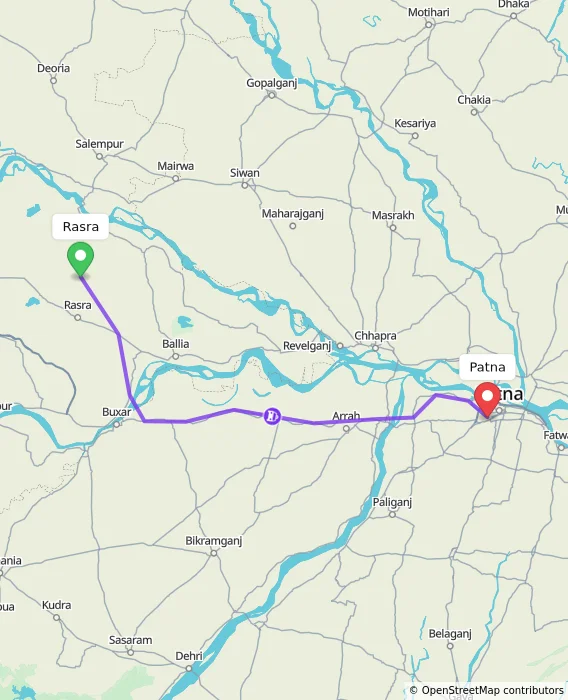 Route map showing distance and travel time from Rasra, India to Patna, India