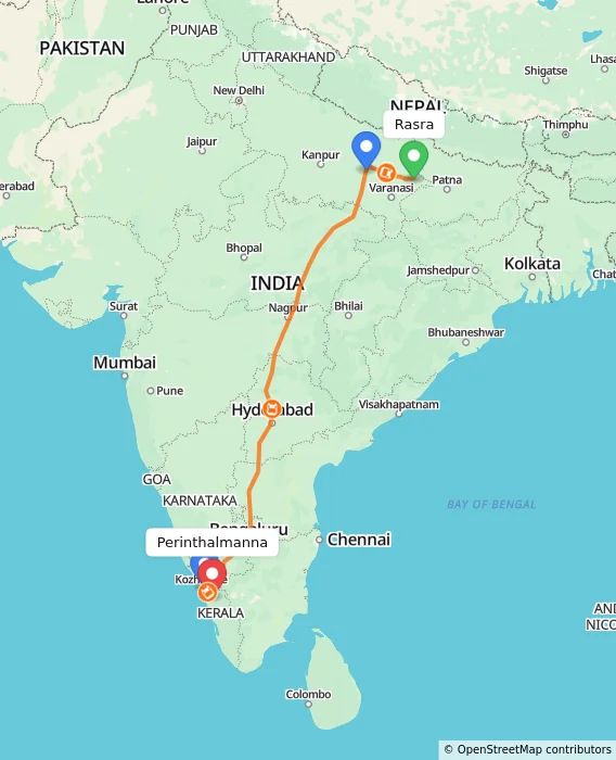Route map showing distance and travel time from Rasra, India to Perinthalmanna, India