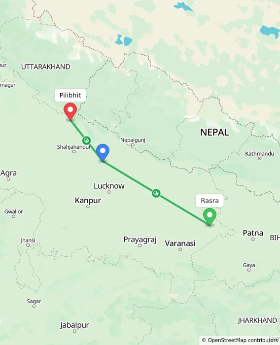 Route map showing distance and travel time from Rasra, India to Pilibhit, India