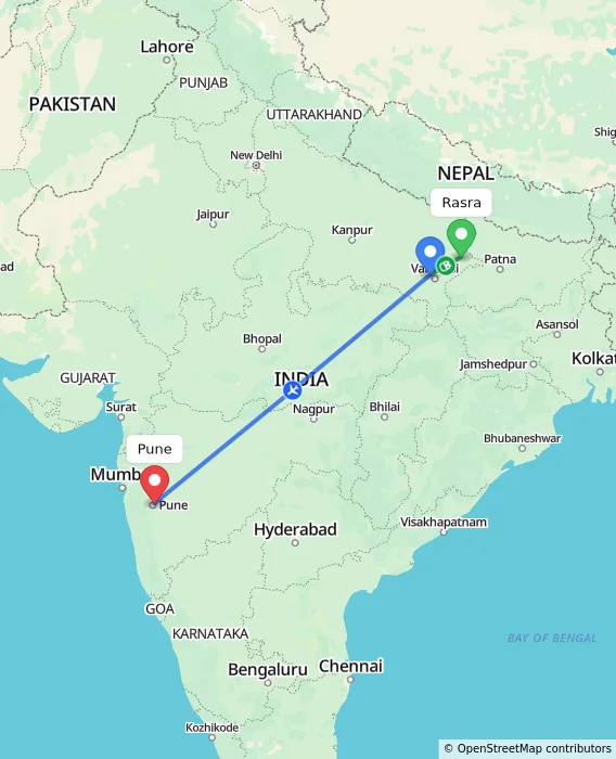 Route map showing distance and travel time from Rasra, India to Pune, India