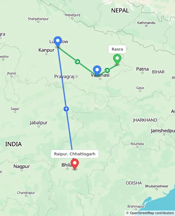 Route map showing distance and travel time from Rasra, India to Raipur, Chhattisgarh, India