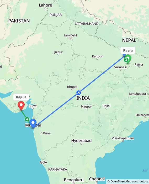 Route map showing distance and travel time from Rasra, India to Rajula, India