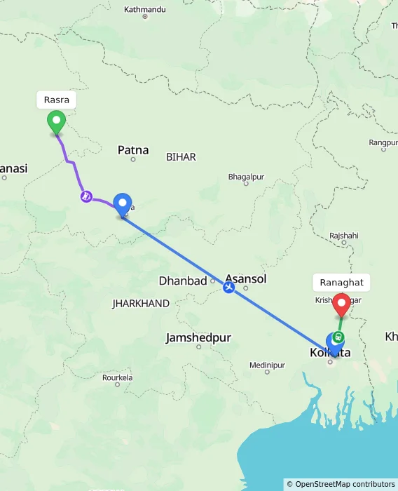 Route map showing distance and travel time from Rasra, India to Ranaghat, India